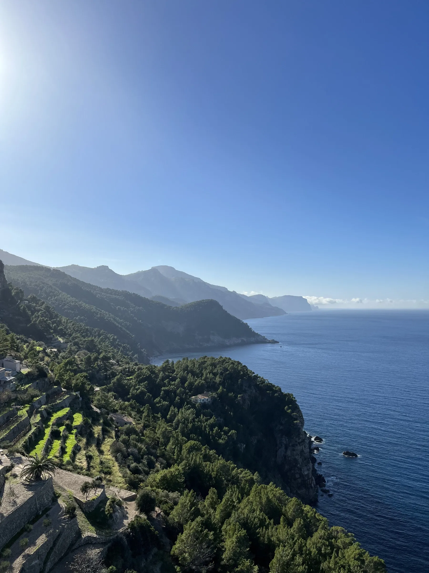 The coast at Banyalbufar seen from above: stone terraces in the foreground and a succession of headlands running into the sea.