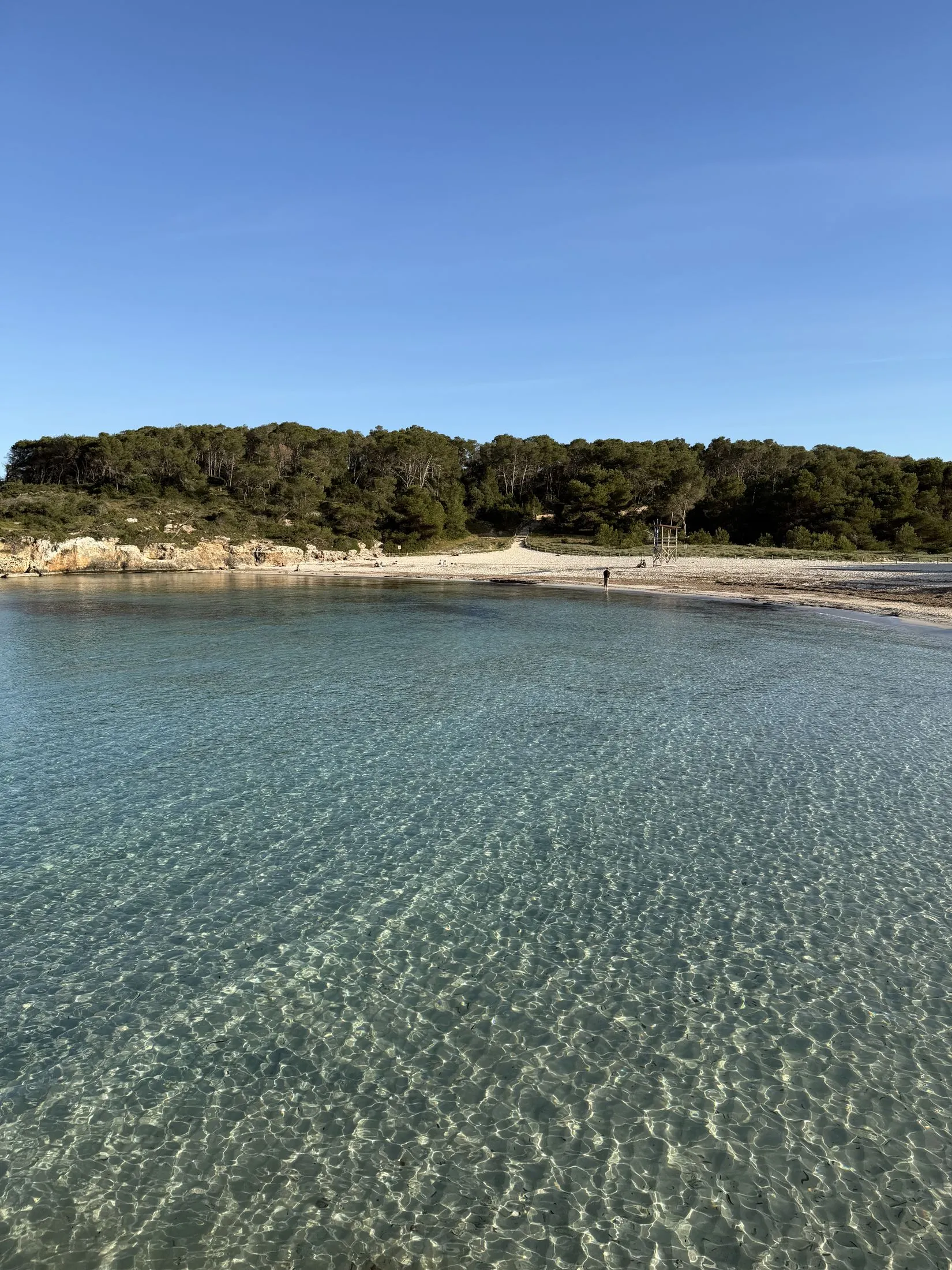 Agua transparente sobre la arena de Cala Mondragó en abril, con la orilla vacía y el pinar al fondo.