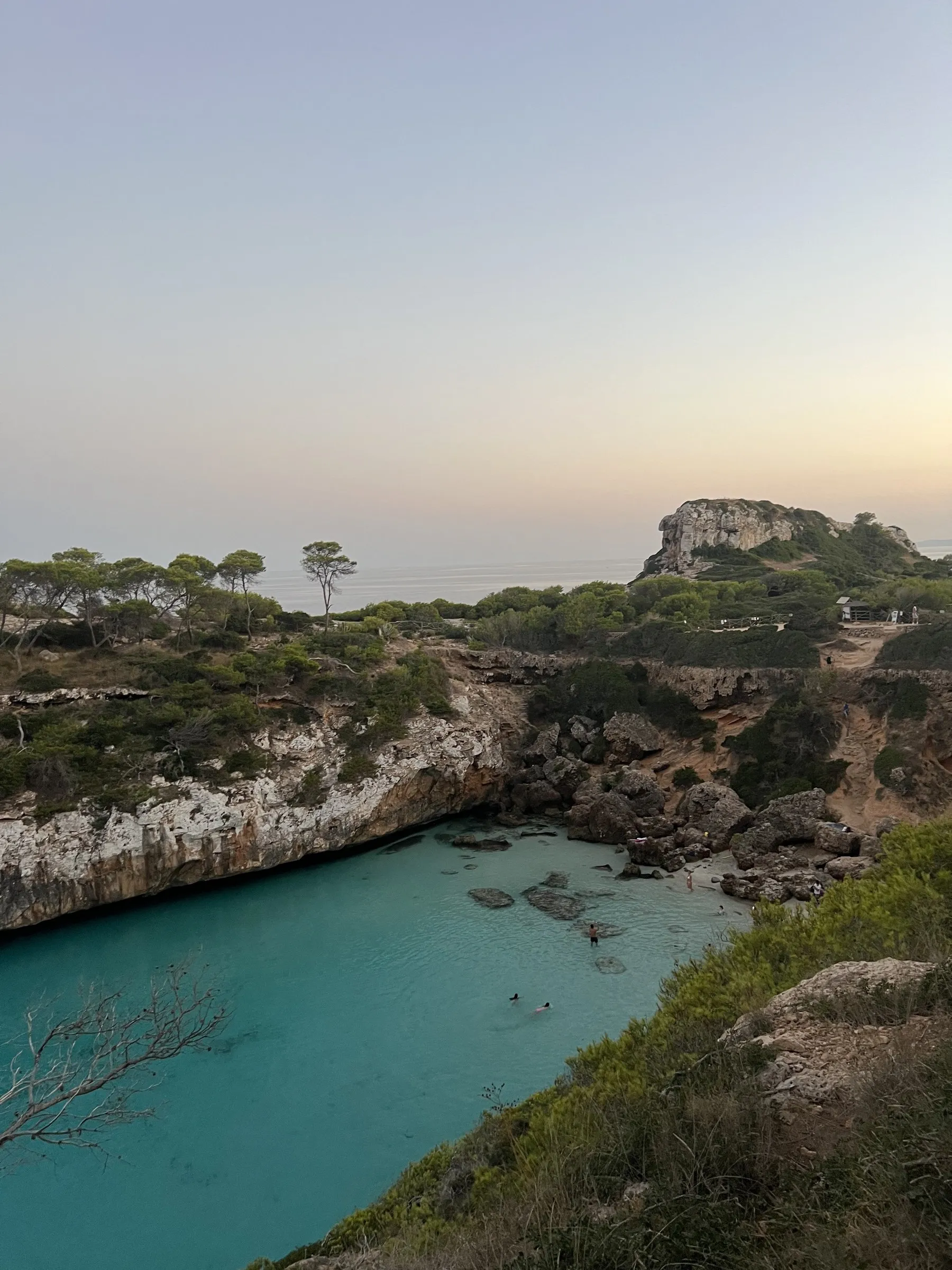 Der Eingang der Cala s’Almunia vom oberen Weg aus, mit türkisfarbenem Wasser über Felsgrund
